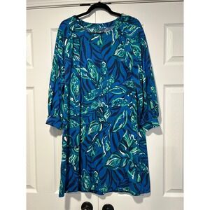 Lilly Pulitzer Blue Green Tropical Leaf Print Jersey Shift Dress Womens Large L